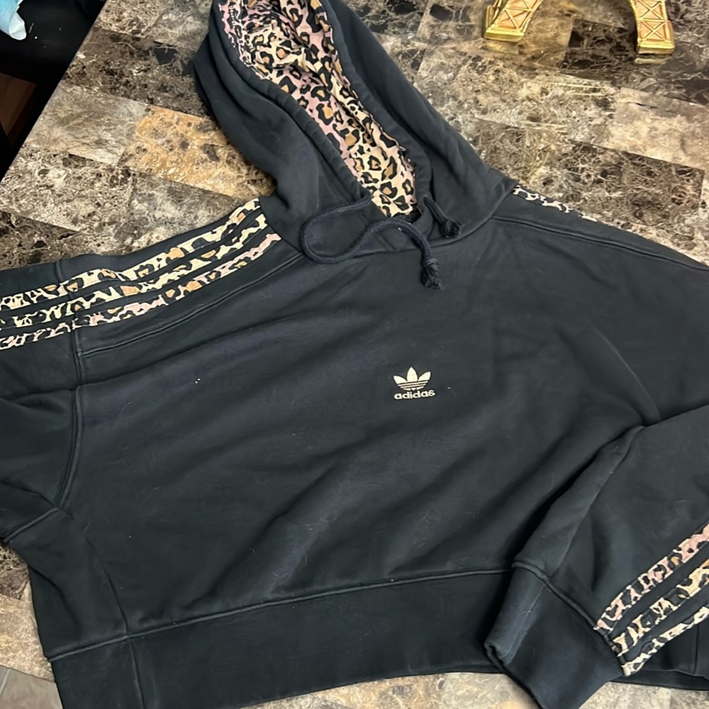Addidas crop hoodie size S black with leopard detail